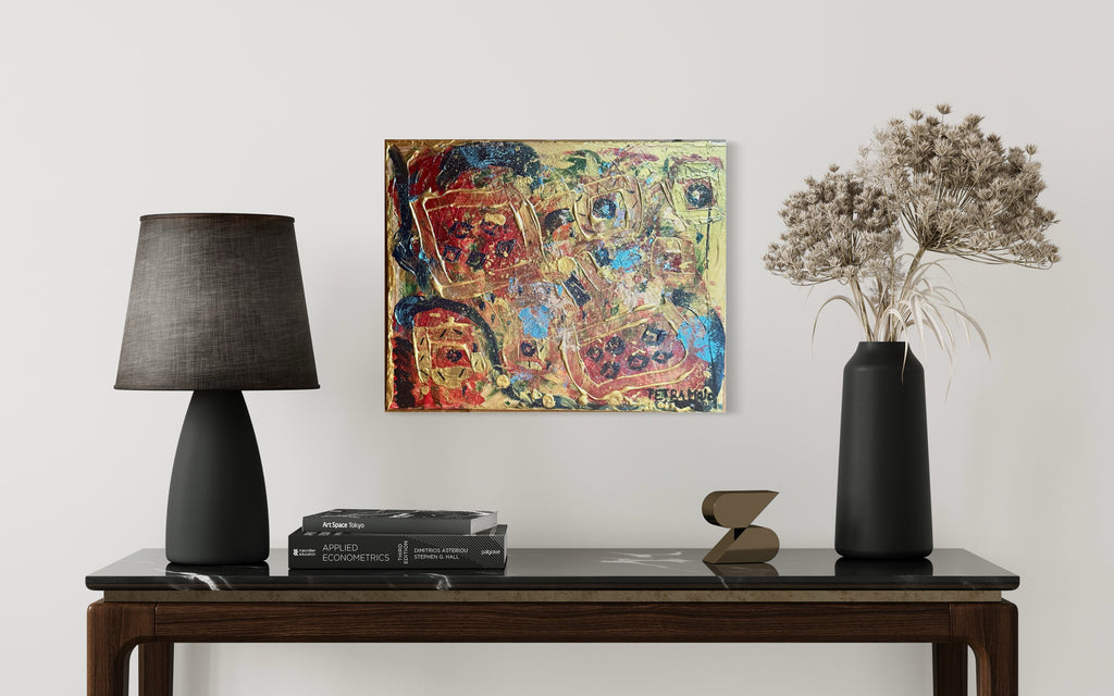 Acrylic on canvas with 24k gold leaf
40x 50x 2 cm/16 x 20 x 0.8 in - Petra Mojo